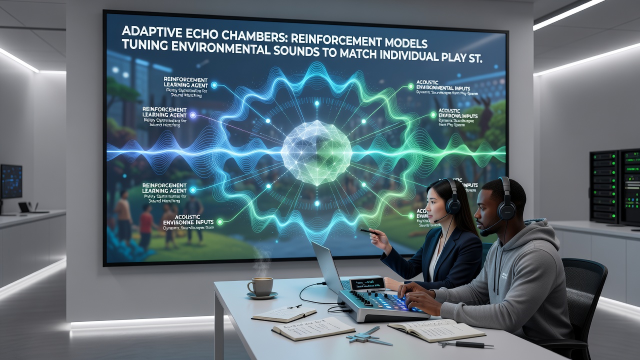 Server rack visualization showing reinforcement learning nodes processing audio parameters for multiple simultaneous cloud matches