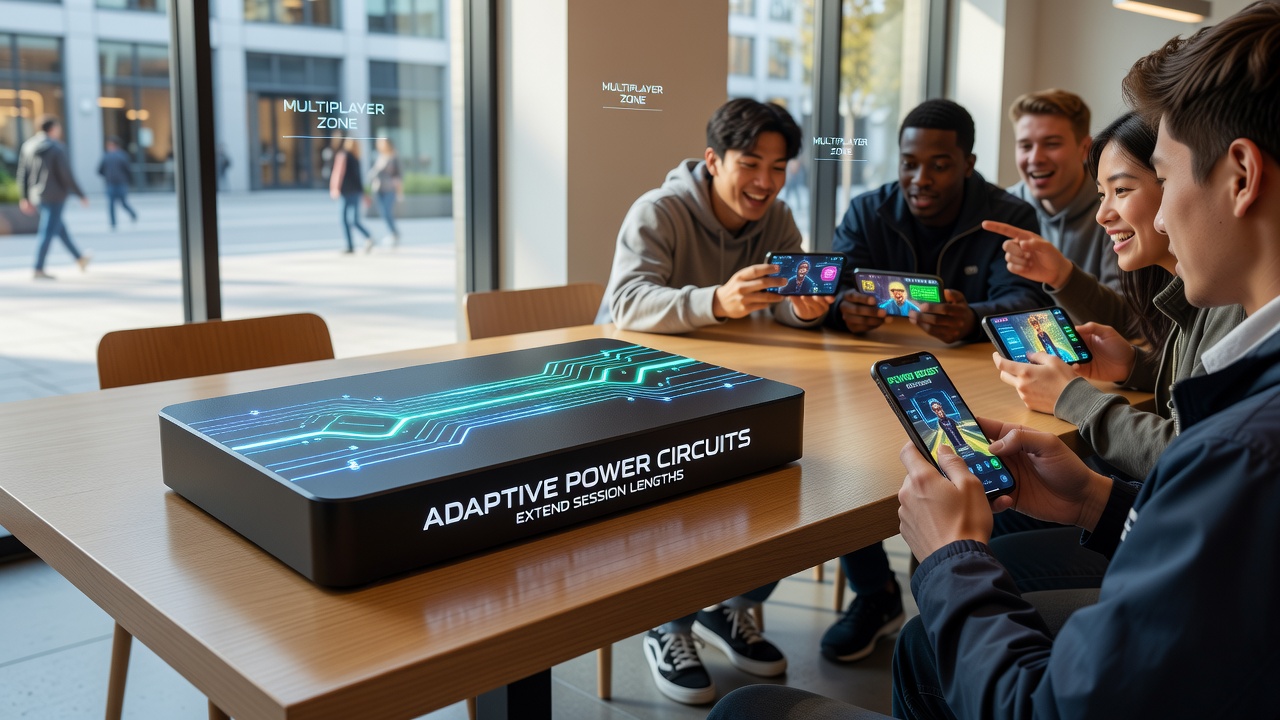 Group of players using location-based apps on smartphones during outdoor event with power metrics overlay