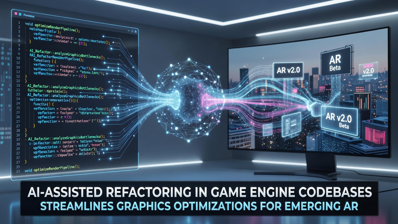 Mobile device screen displaying optimized AR esports graphics after AI-driven engine refactoring