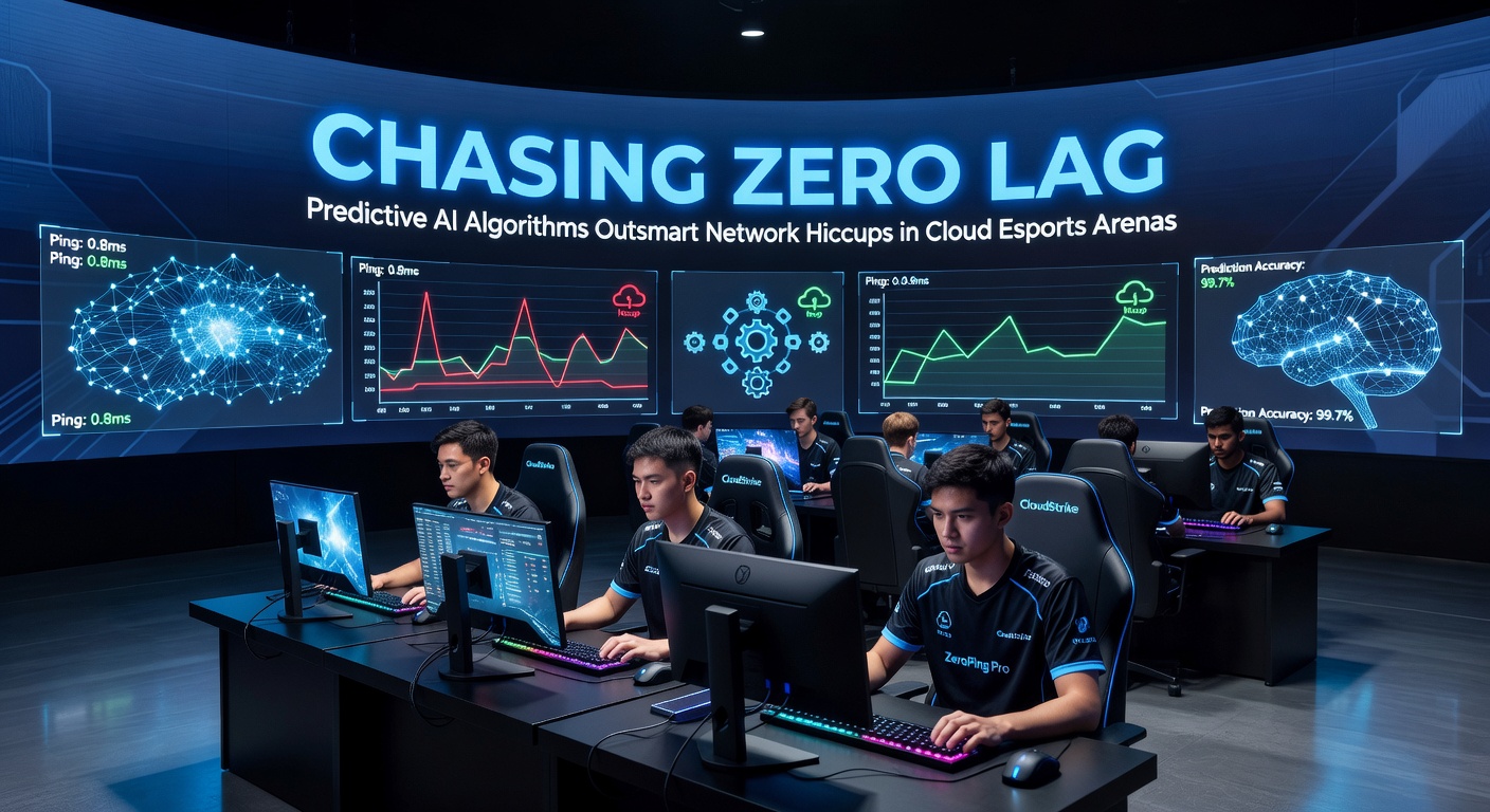 Visualization of AI algorithms predicting network traffic in a high-stakes esports match, showing data streams weaving around digital obstacles