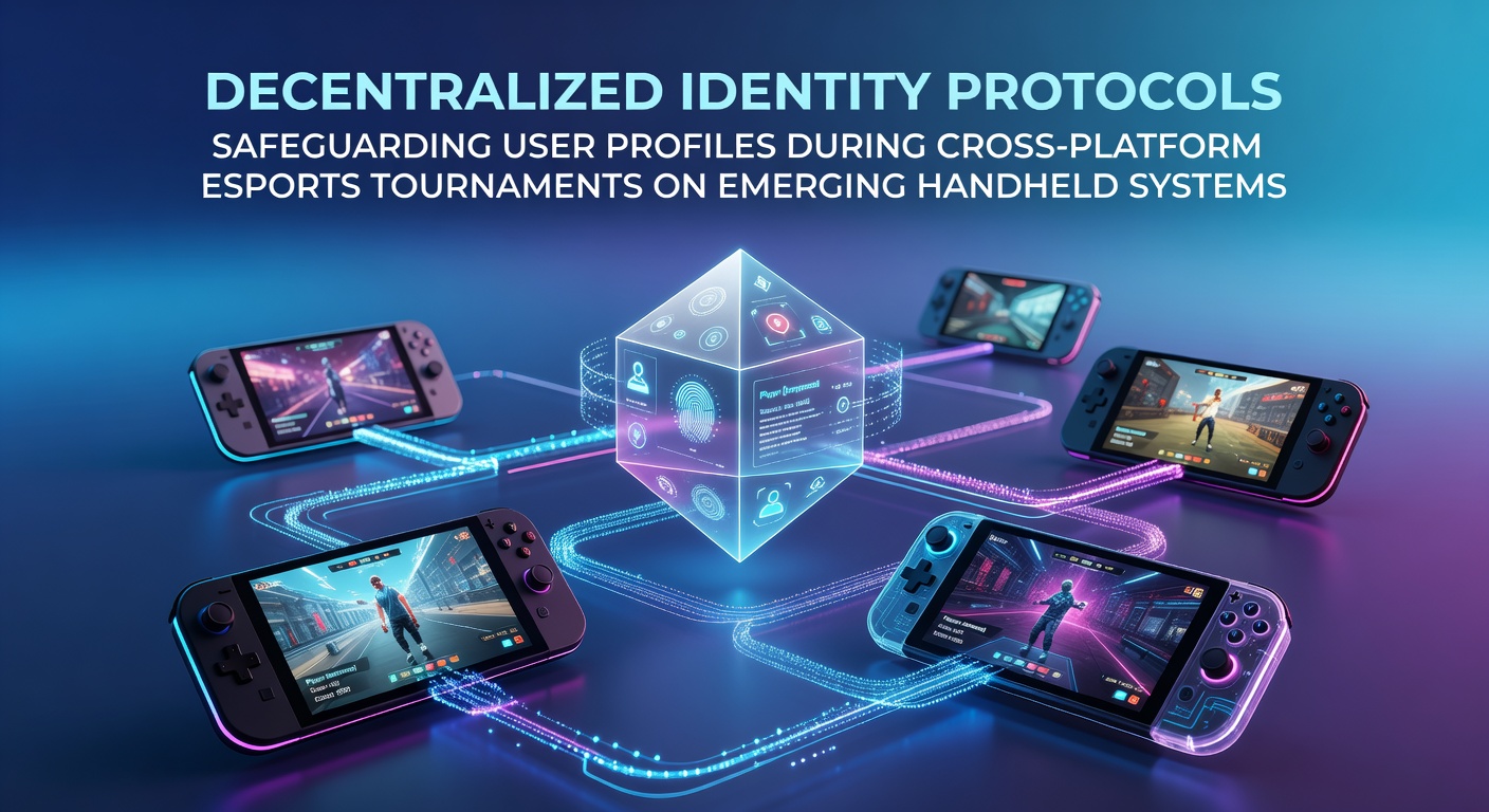 Visual representation of decentralized identity protocols protecting user profiles in cross-platform esports tournaments on emerging handheld gaming systems
