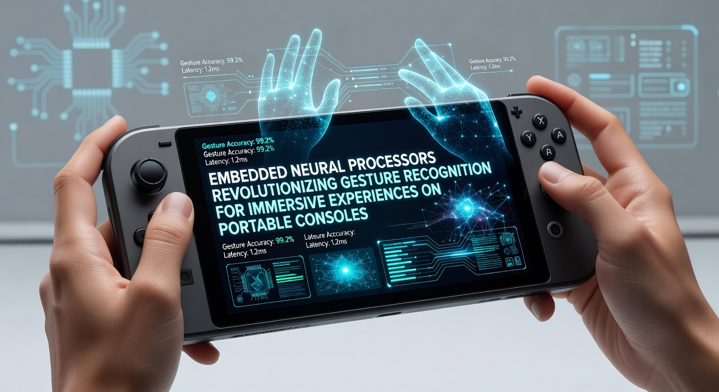 Close-up of a portable console chipset featuring embedded neural processing units designed for real-time gesture analysis