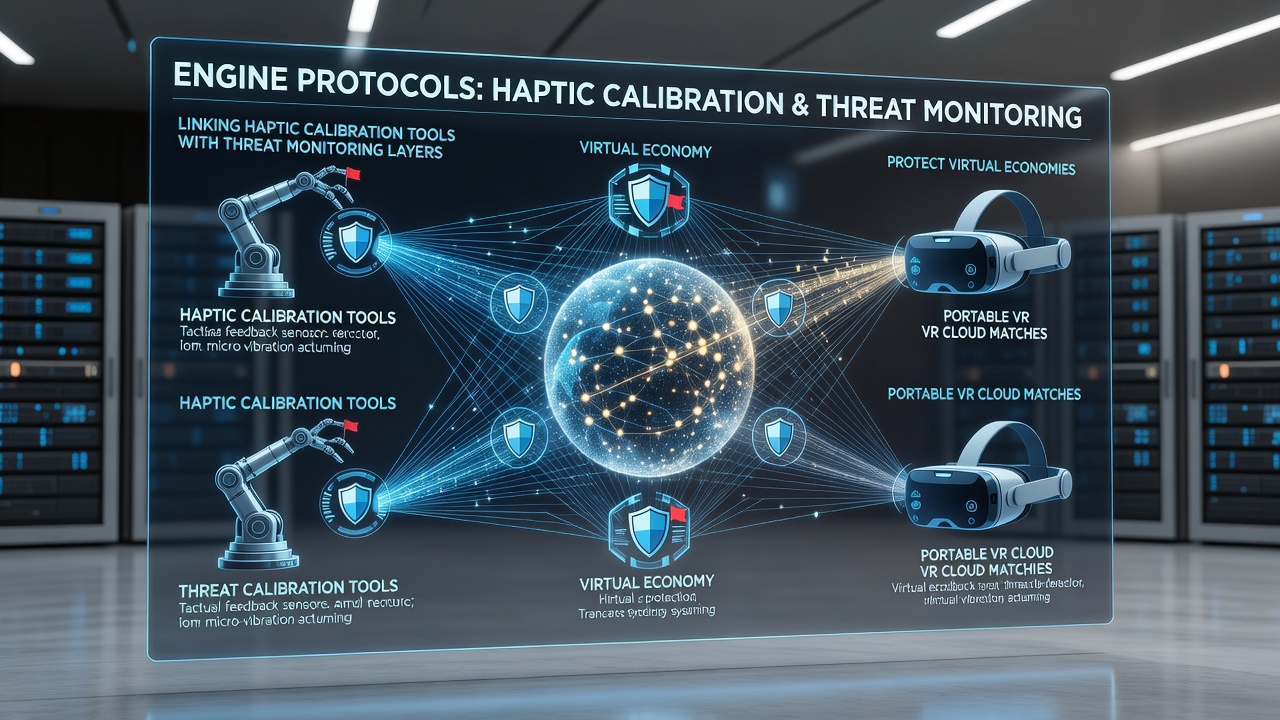 Engine protocols integrate haptic calibration with threat monitoring in portable VR setups
