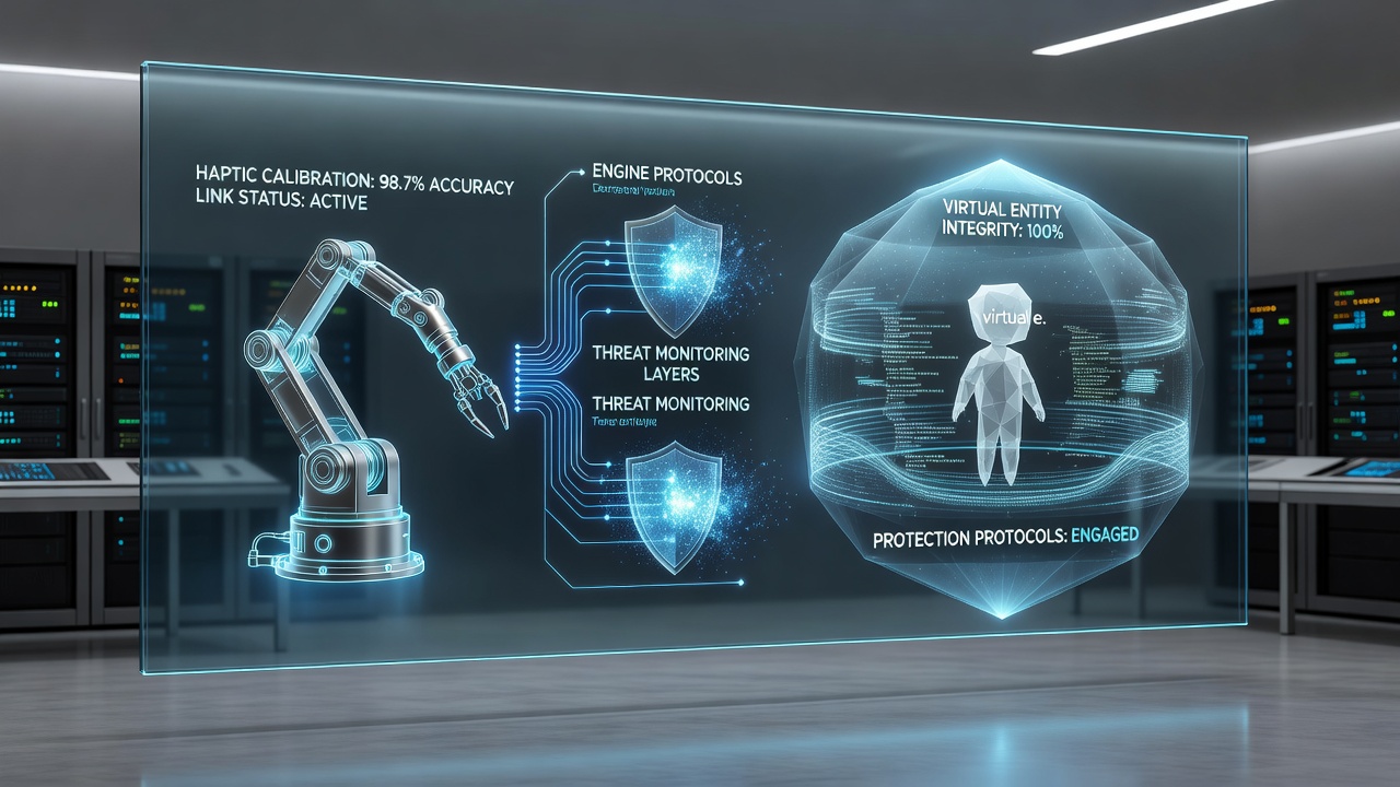 Threat monitoring layers analyze haptic data streams to secure virtual assets