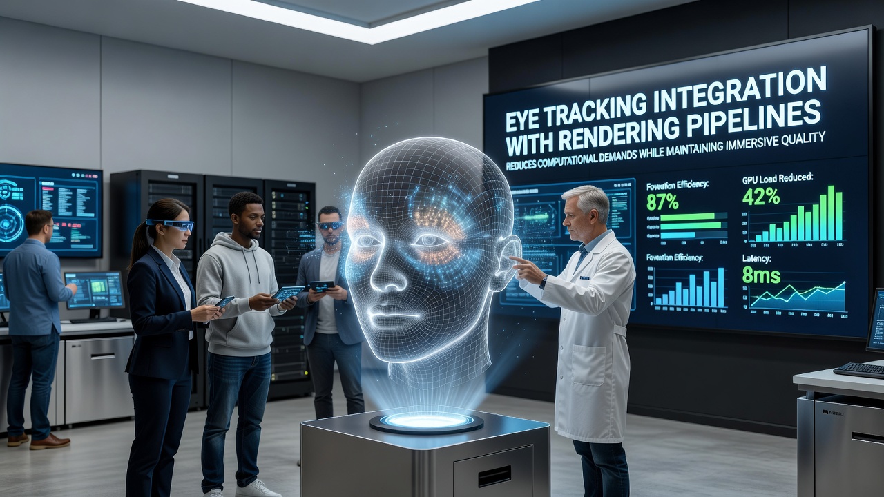 Technical diagram showing eye tracking data flow into a foveated rendering pipeline for portable VR