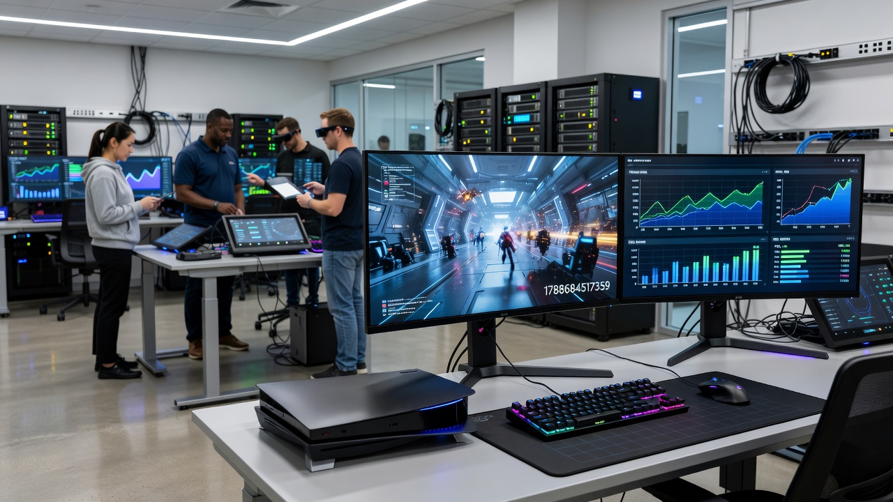 Close-up of gaming peripherals including controllers with advanced input sensors and display units