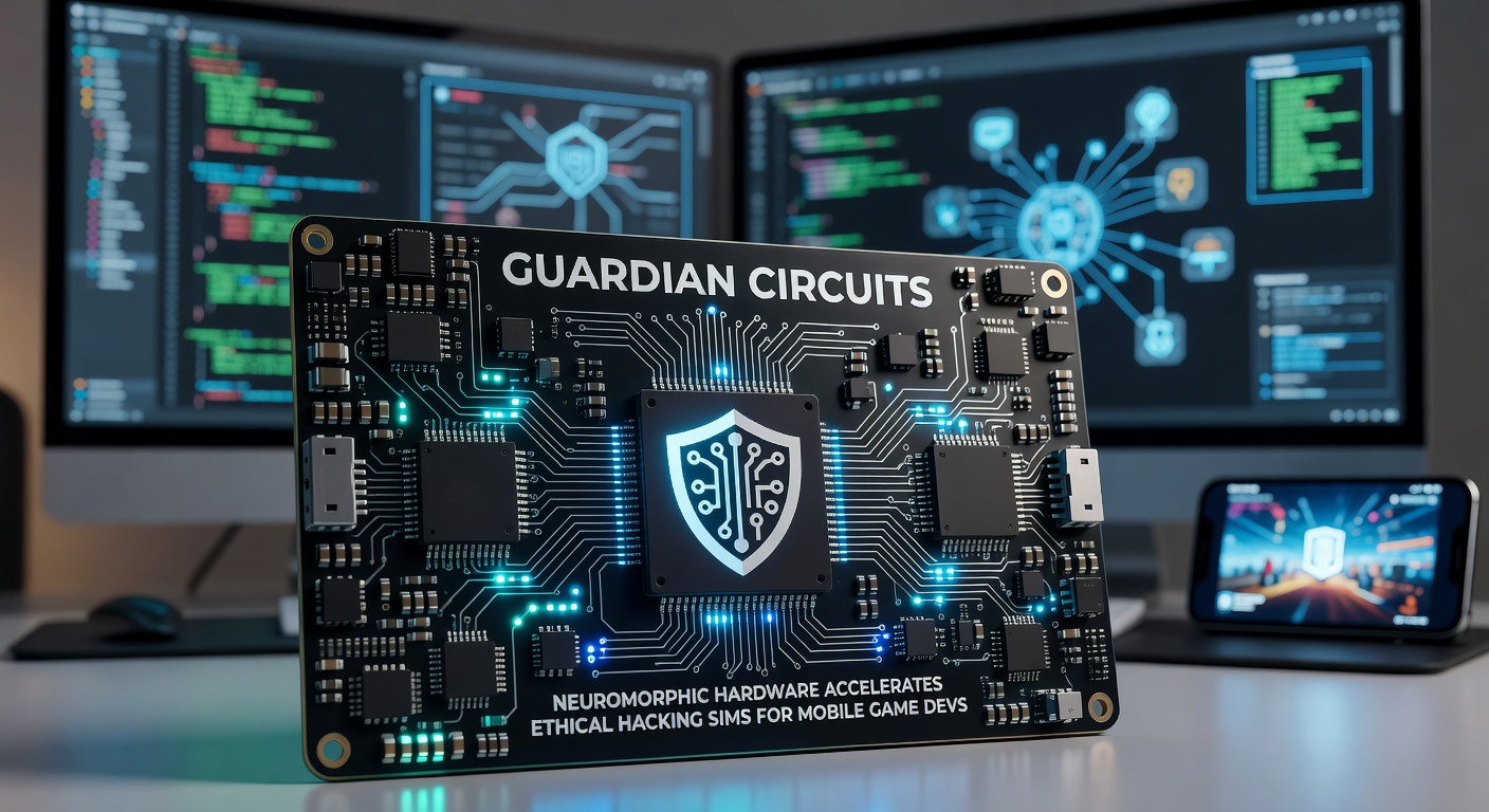 Neuromorphic chip array glowing with simulated neural activity during an ethical hacking simulation test