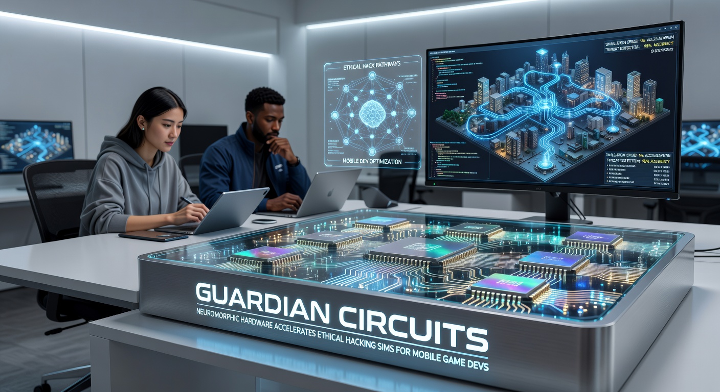 Mobile game developer configuring Guardian Circuits board connected to a smartphone running an ethical hacking simulation