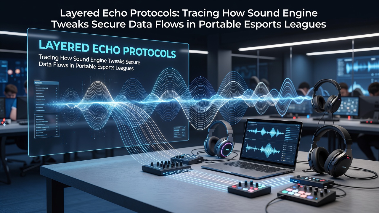 Sound engine visualization showing layered audio echoes securing data packets in portable esports devices