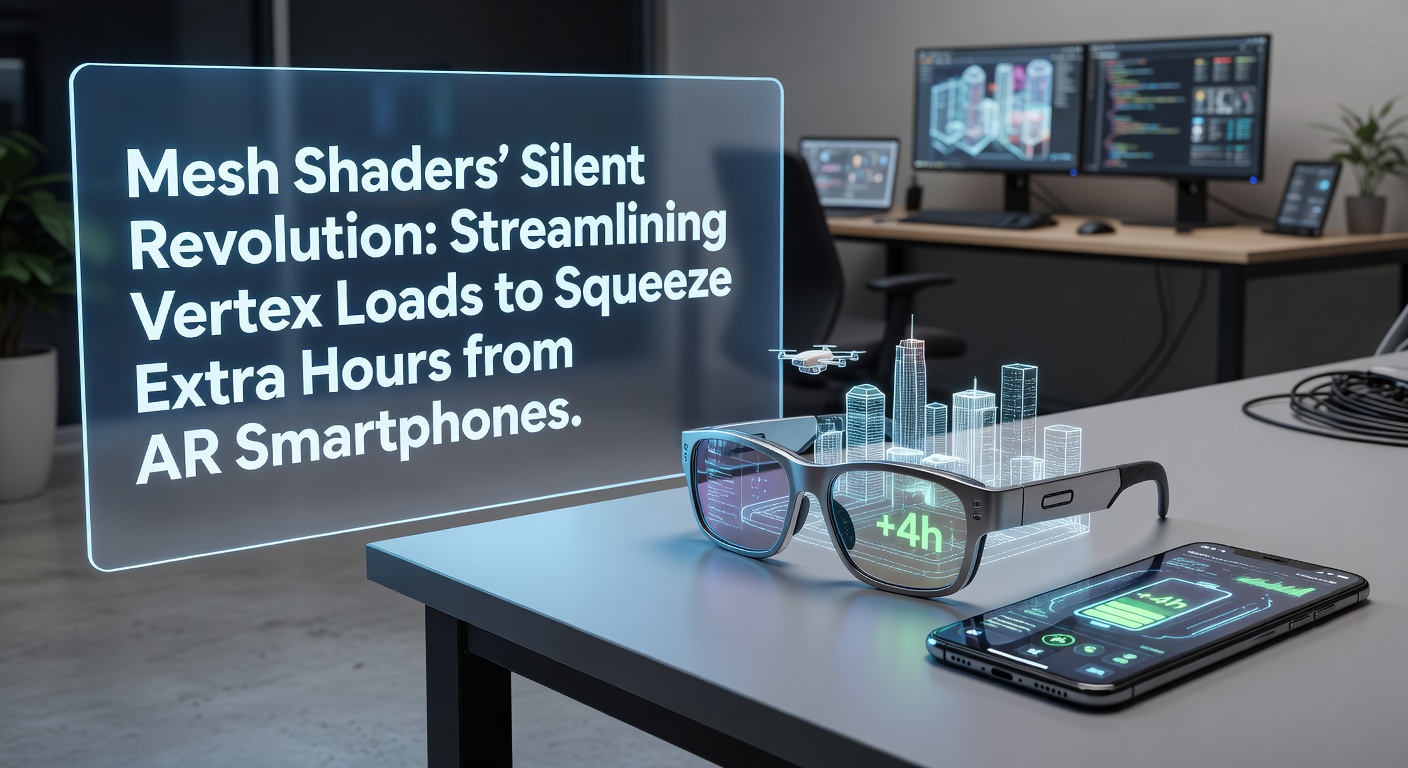 Diagram showing traditional graphics pipeline evolving into mesh shader workflow on a mobile AR device, highlighting reduced vertex processing stages