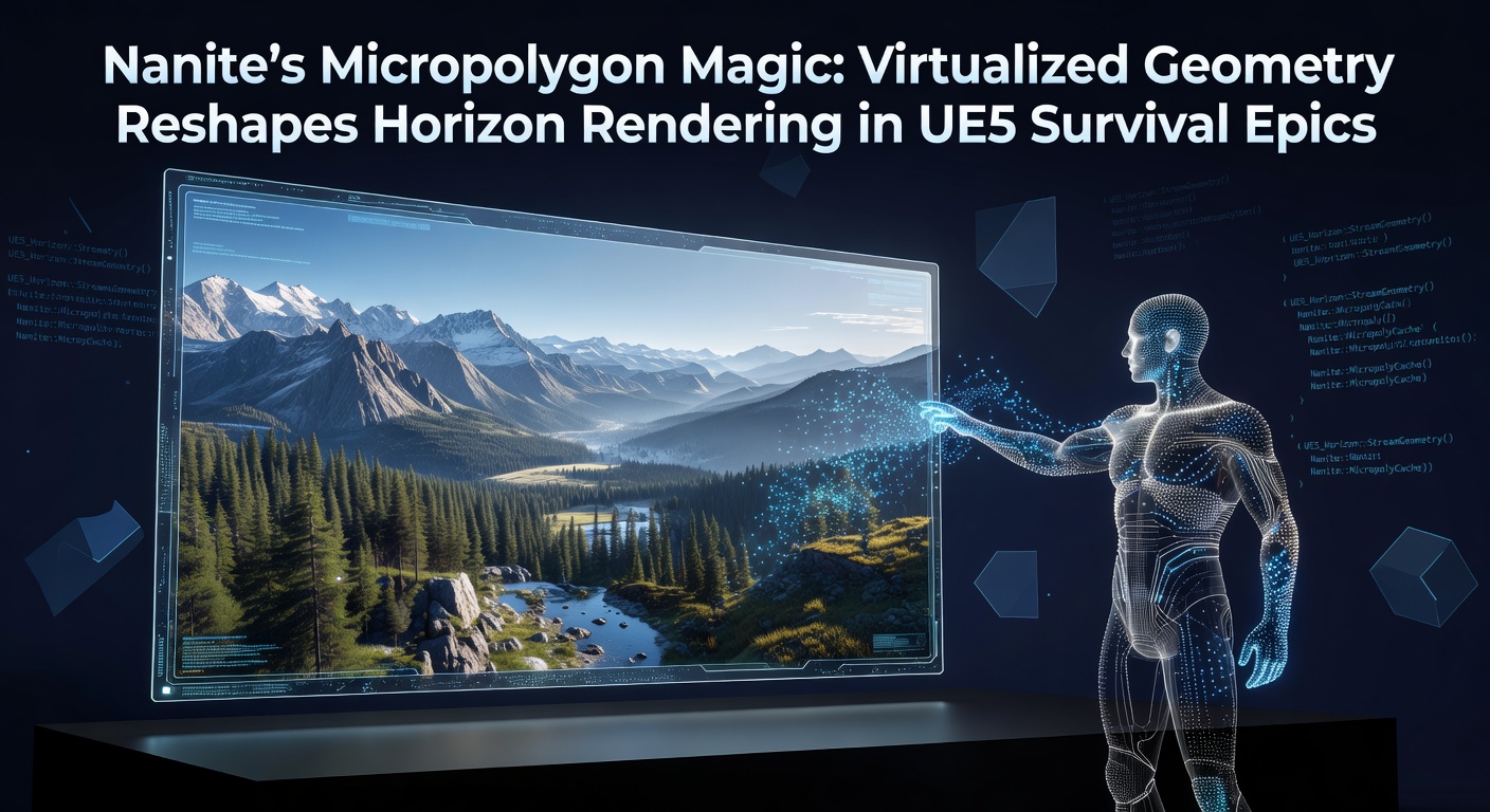 Vast UE5 landscape showcasing Nanite's detailed horizon rendering in a survival game environment with distant mountains and foliage