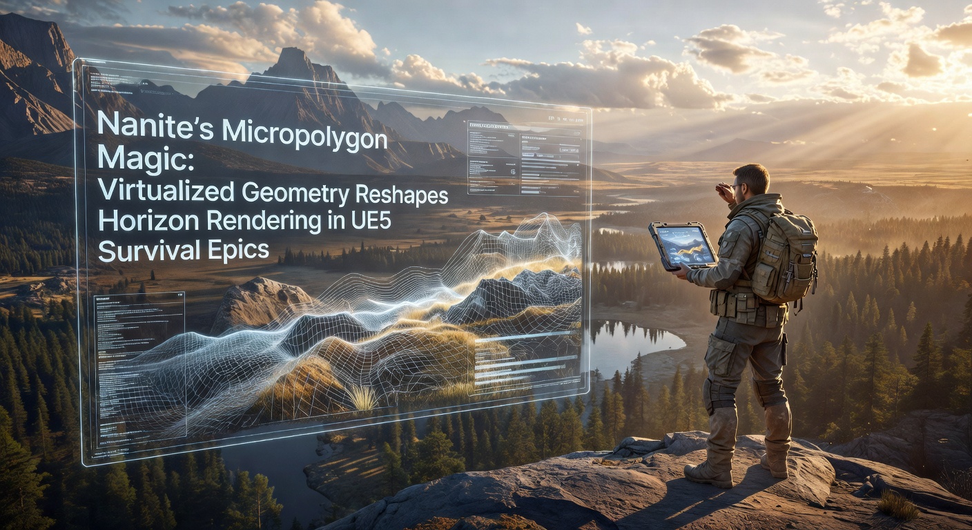 Close-up of Nanite's micropolygon detail on a rugged UE5 terrain horizon, highlighting seamless geometry streaming across vast distances