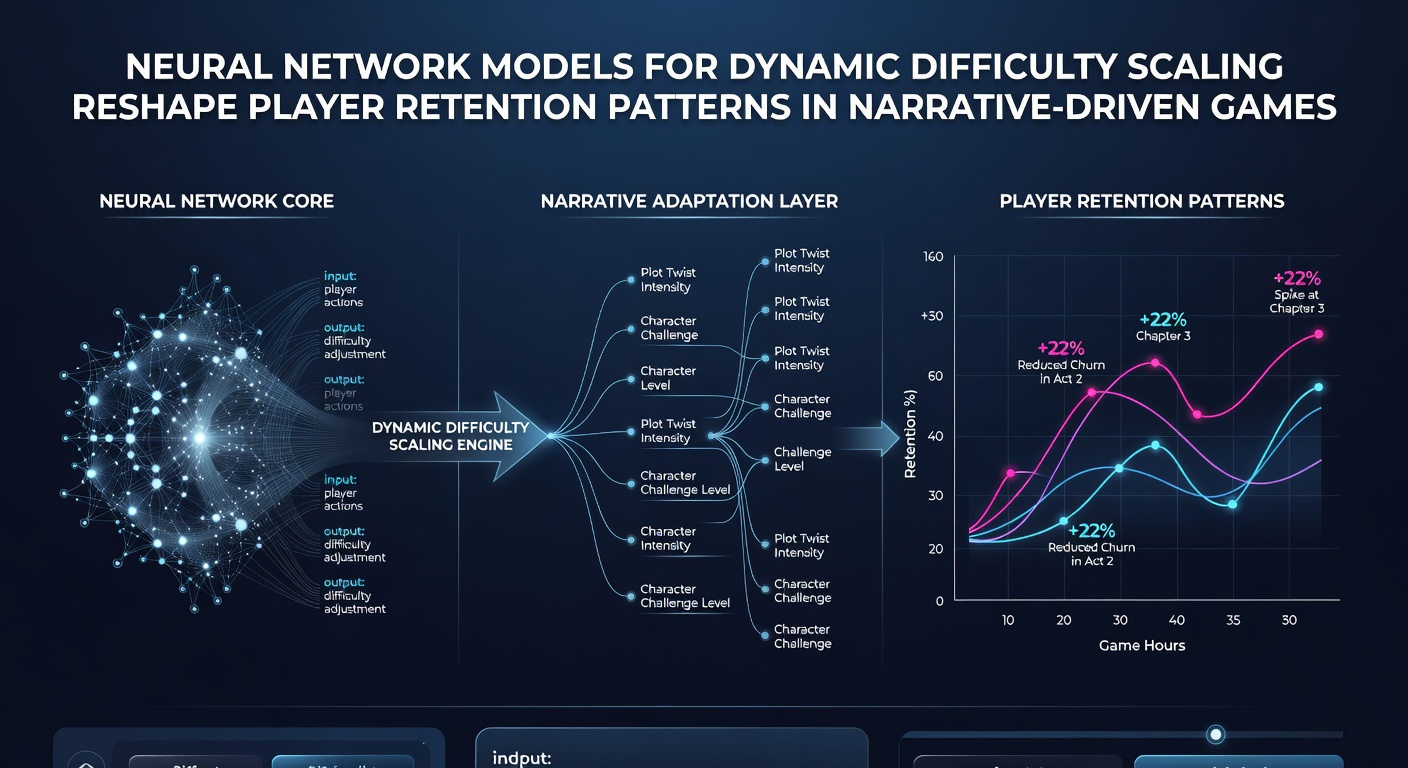 Console player interacting with an adaptive narrative scene influenced by neural difficulty adjustments