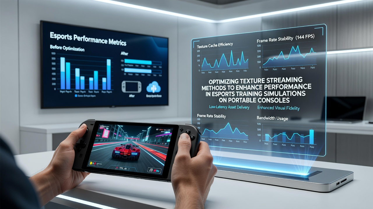Portable console displaying an esports training simulation with optimized texture streaming in action