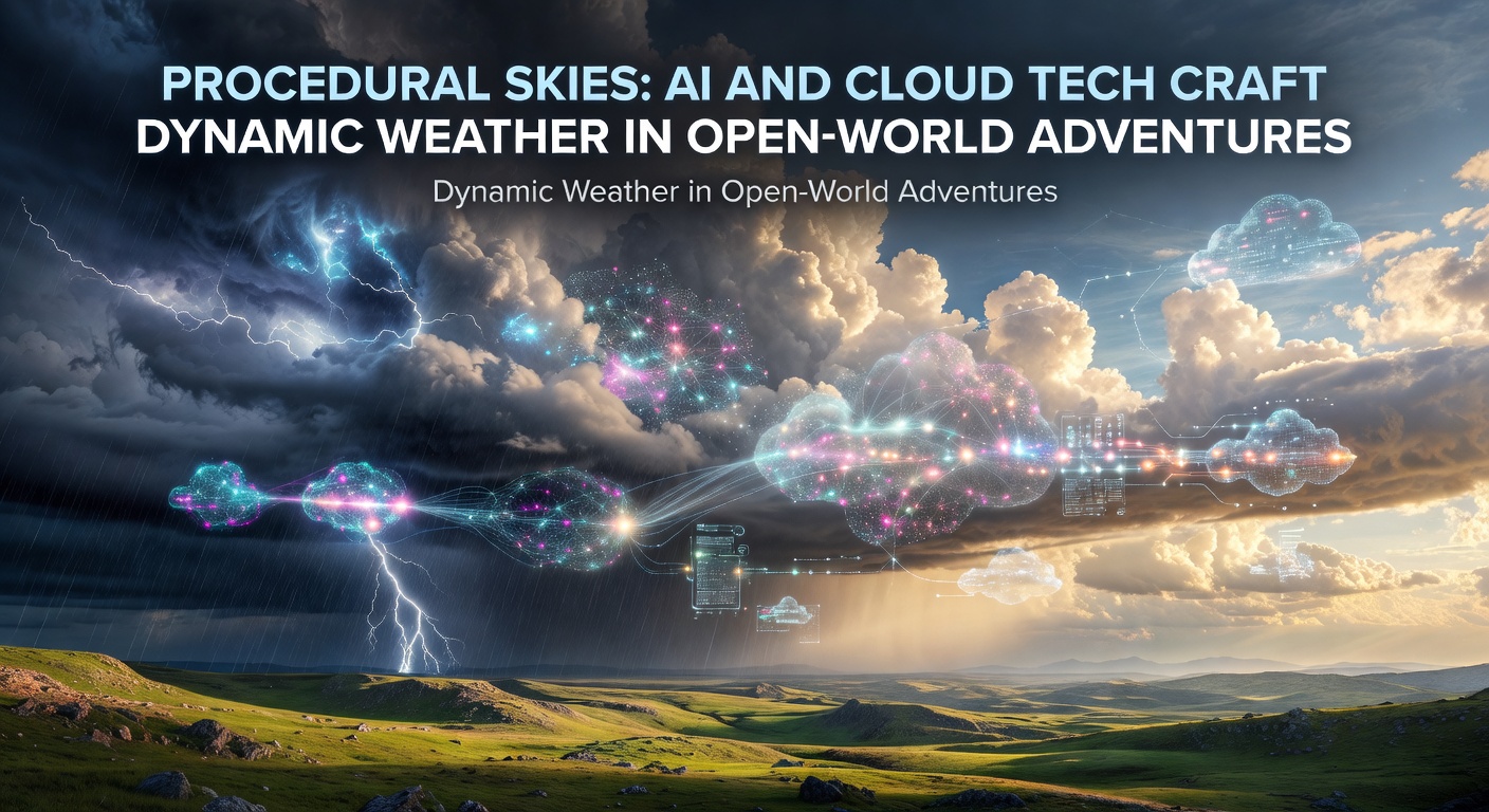 Aerial view of dynamically generated clouds and stormy skies over a vast open-world landscape in a video game, showcasing swirling cloud formations and lightning effects powered by AI algorithms.