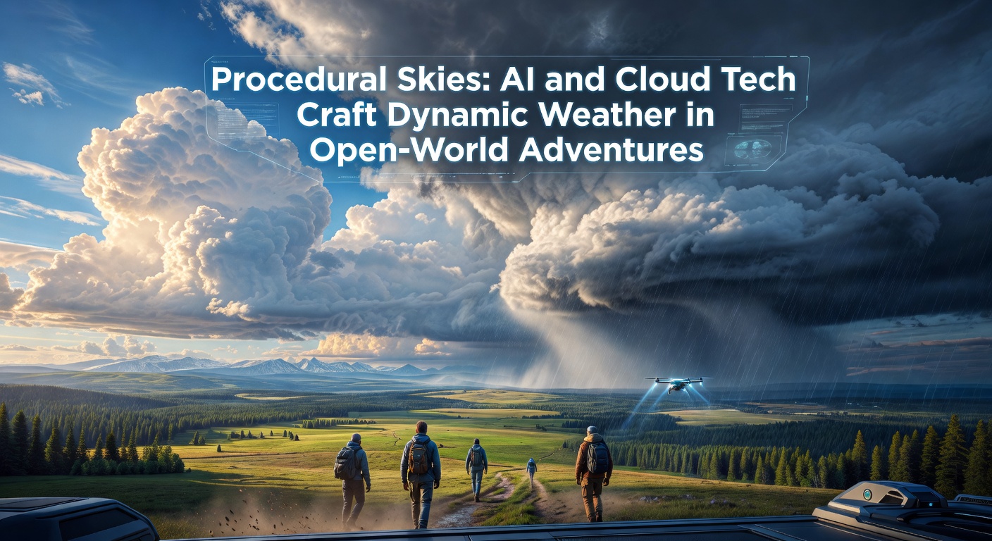 Close-up of AI-simulated thunderclouds rolling over a futuristic city in an open-world game, with rays of sunlight piercing through gaps and rain streaks visible on the ground below.