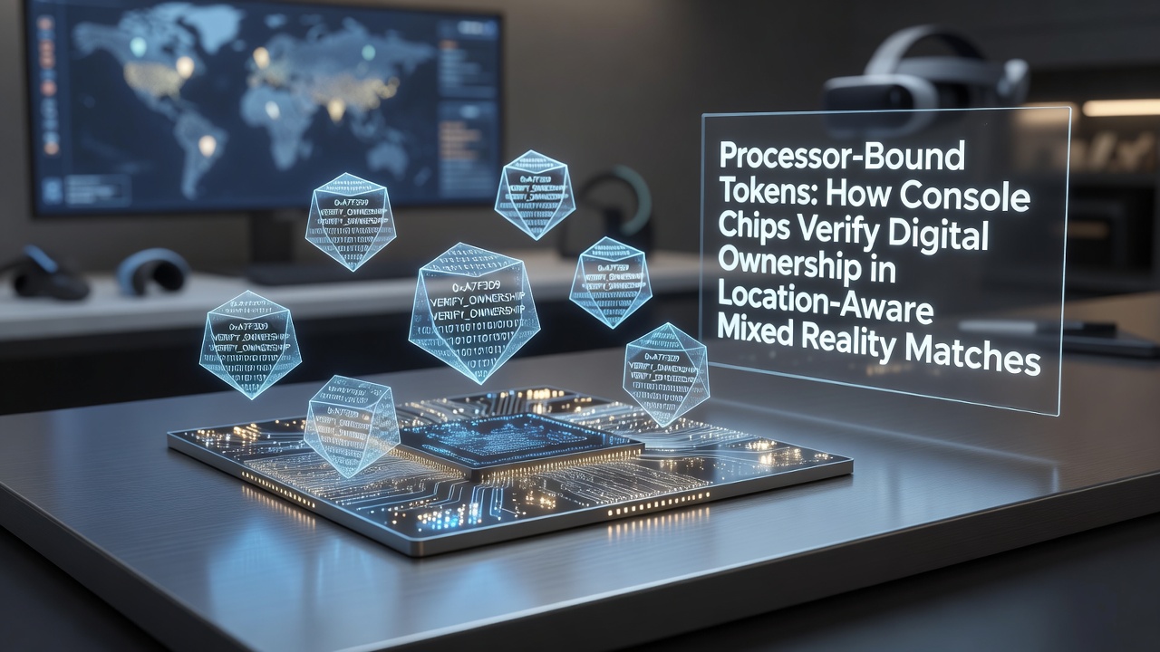 Console chip architecture diagram showing processor-bound token verification layers integrated with mixed reality location sensors
