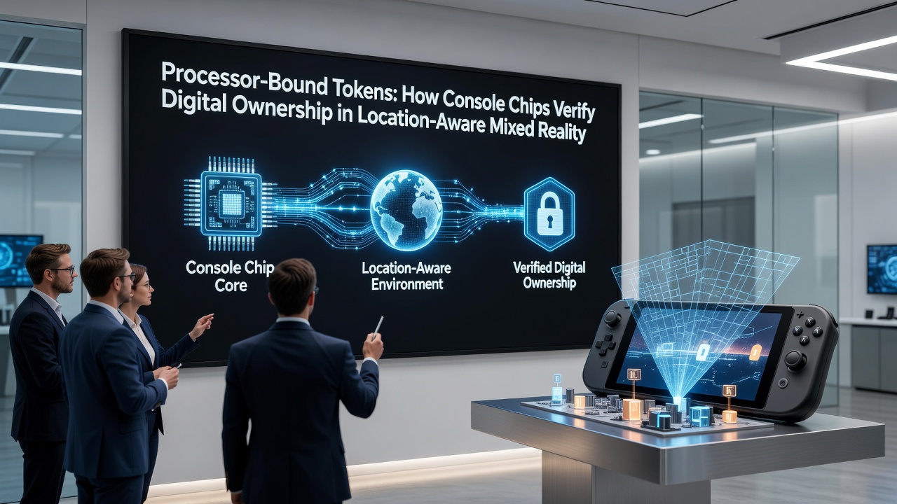 Mixed reality match scene with overlaid location data and token verification indicators on portable console hardware