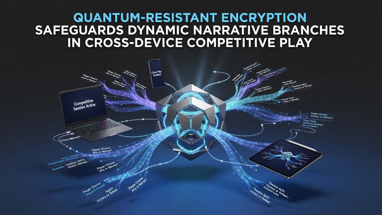 Quantum-resistant encryption layers protecting narrative data streams across multiple gaming devices in a competitive session