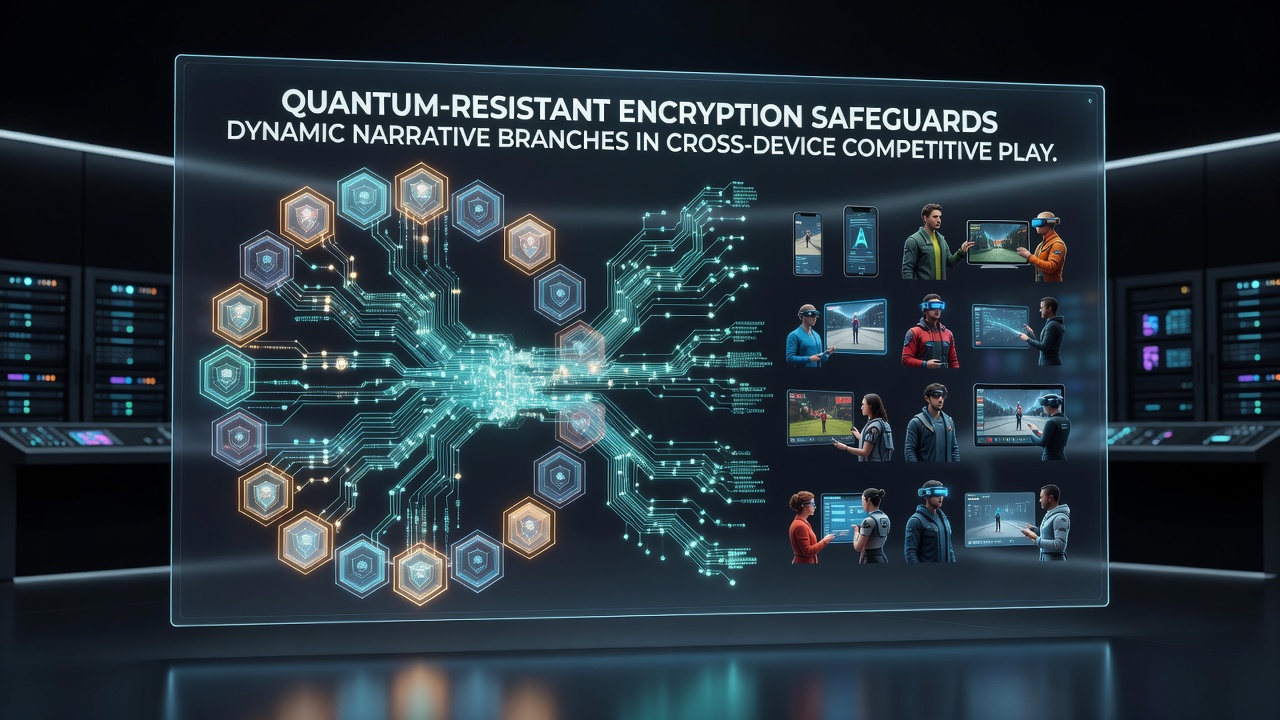 Secure data flow diagram showing encrypted narrative branches moving between console, tablet, and smartphone during a multiplayer event