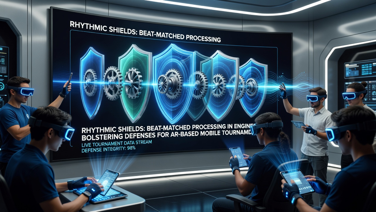 Close-up of mobile device screen showing beat-synchronized defense metrics during an AR esports event
