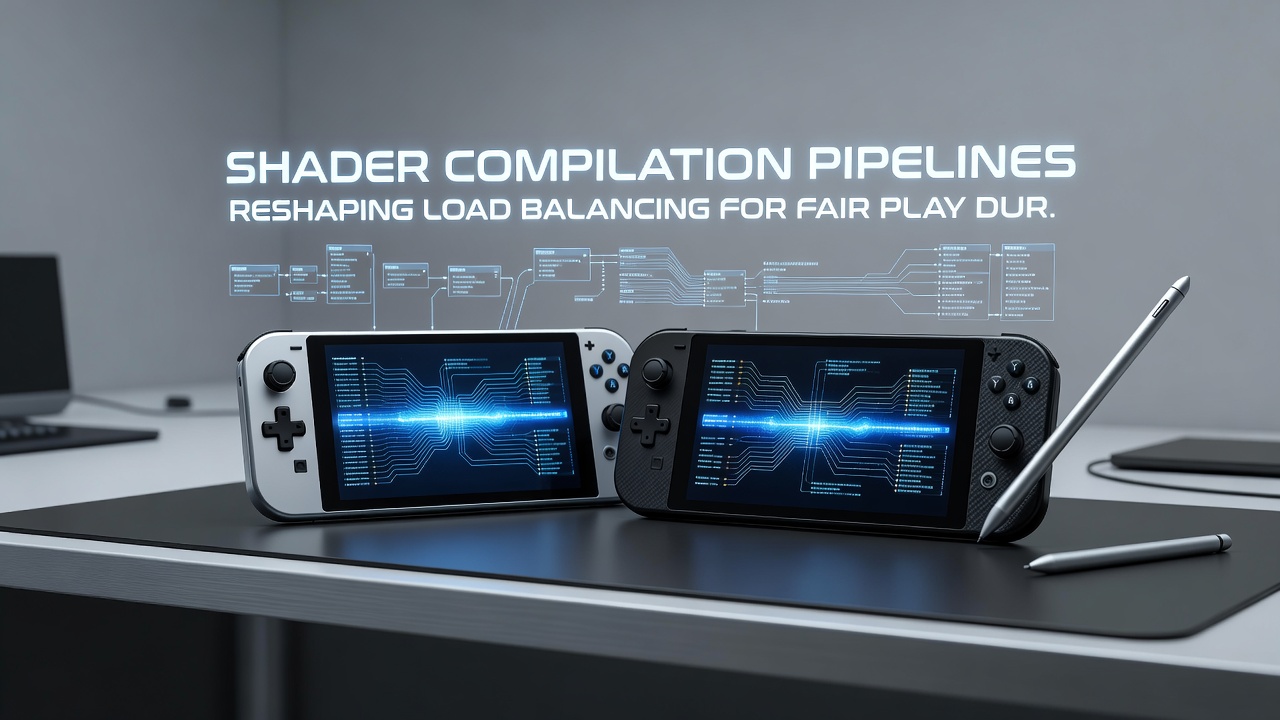 Live competitive session screenshot from a portable console with overlaid load balancing metrics and shader cache status