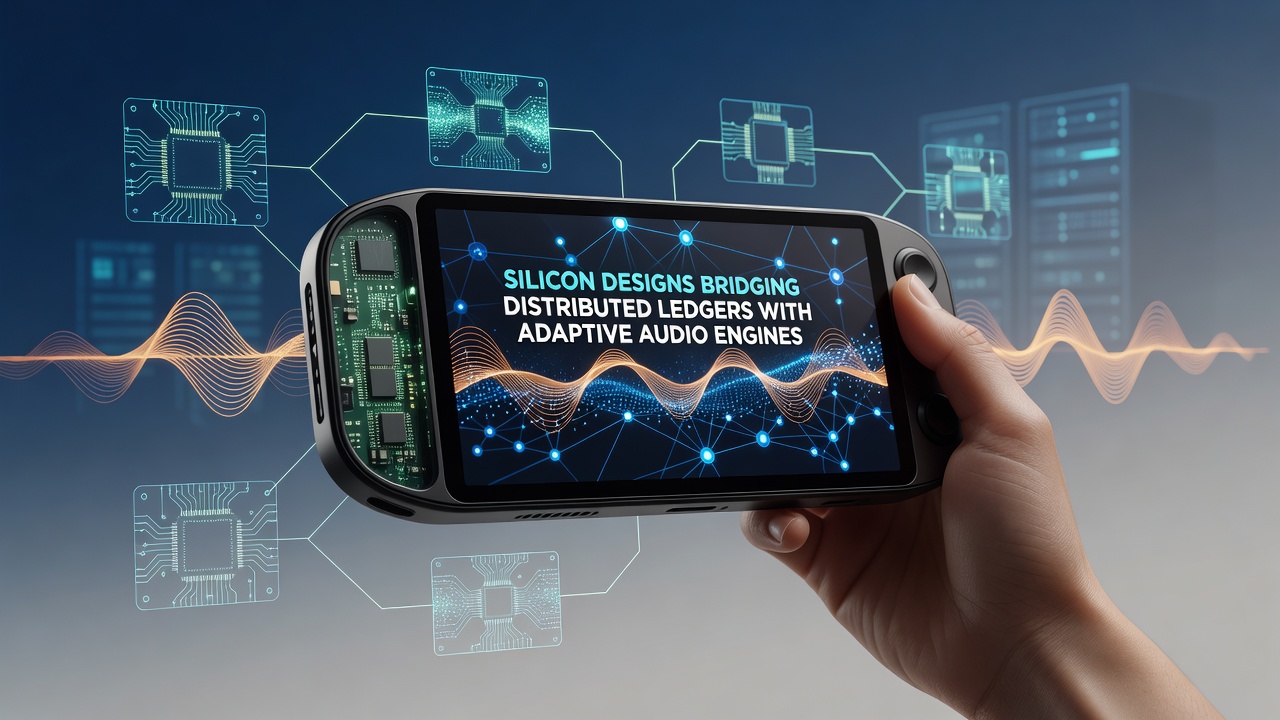 Close-up view of custom silicon chip architecture integrating ledger protocols with audio processing units for mixed-reality handhelds
