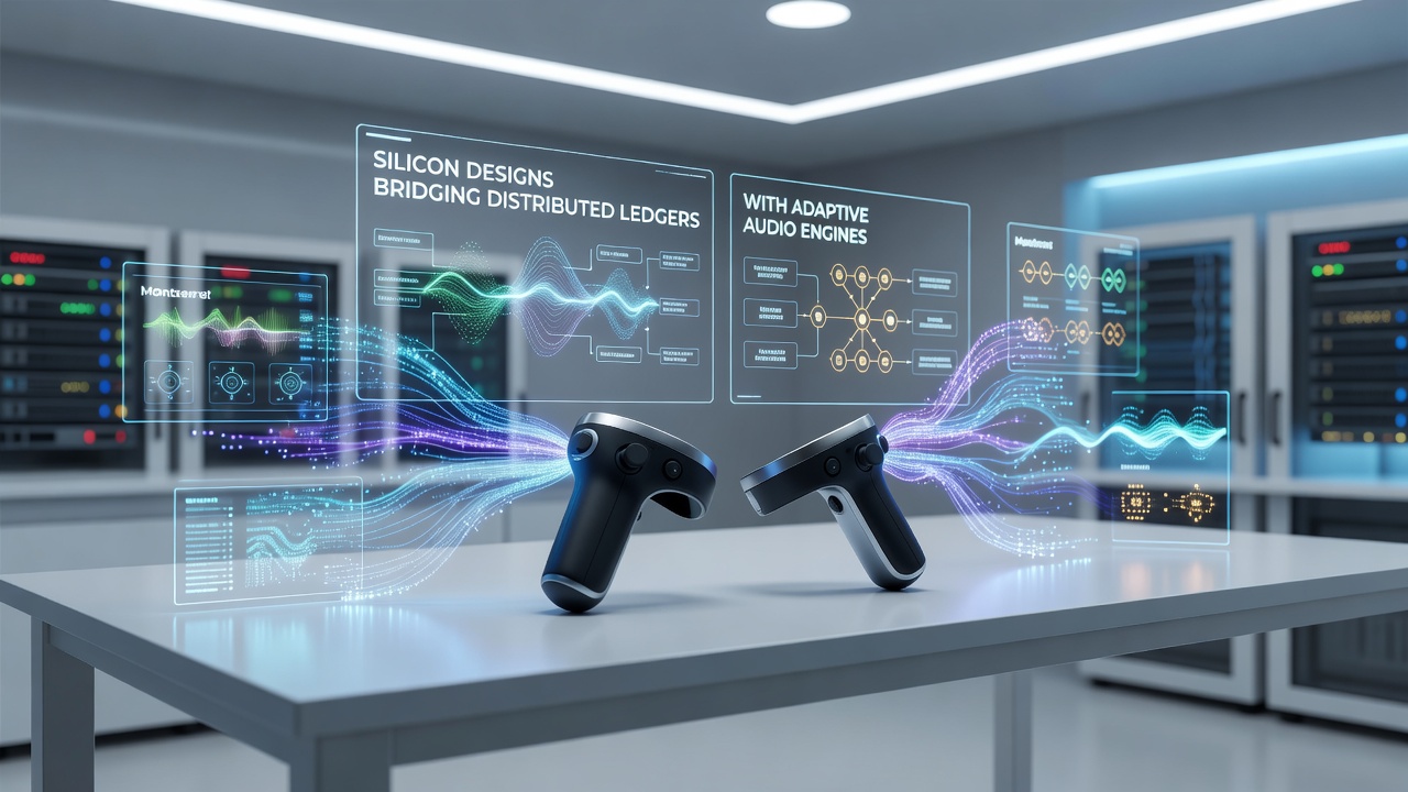 Handheld mixed-reality device displaying synchronized audio waveform overlays from ledger-verified environmental data