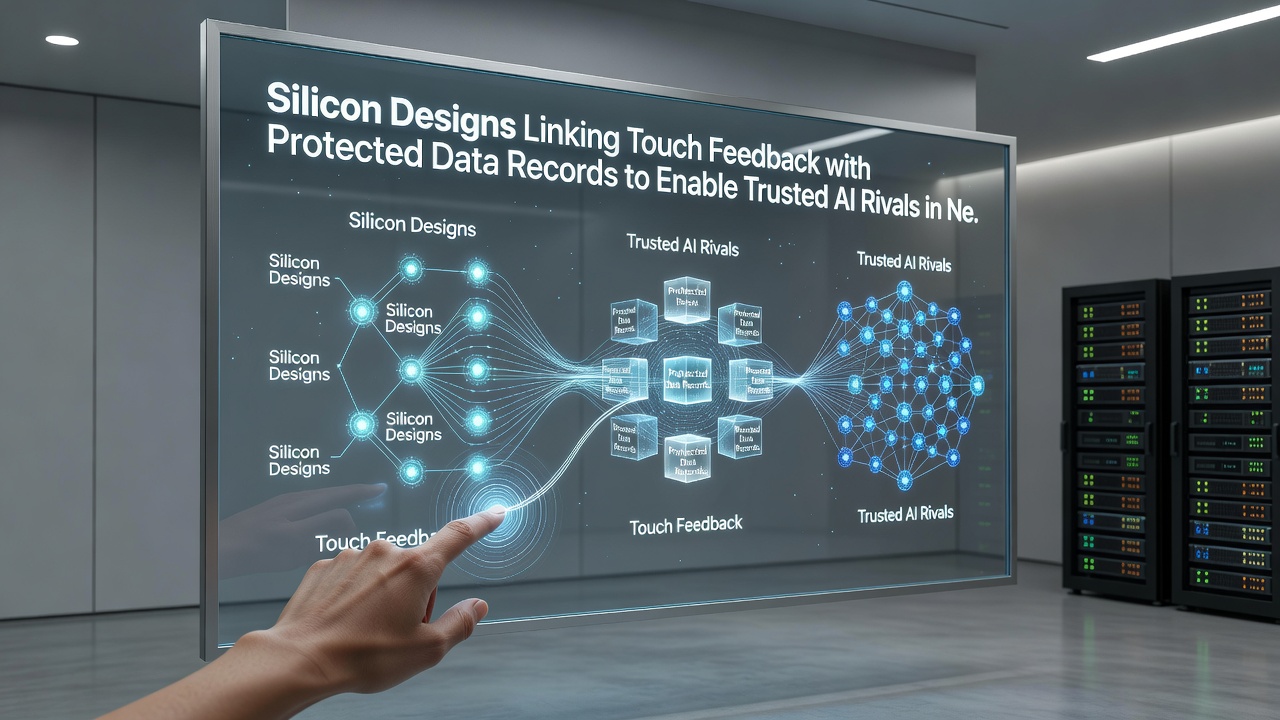Network diagram showing silicon designs linking haptic feedback modules to protected data records in esports AI systems