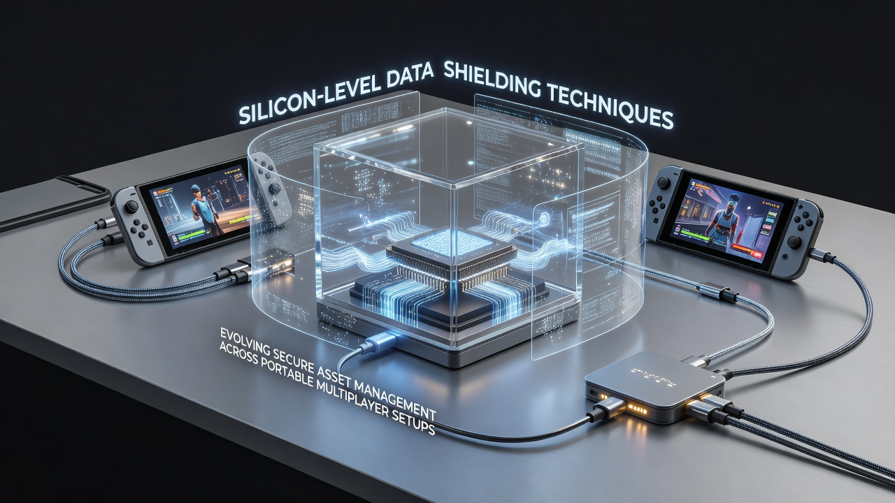 Close-up view of silicon chip architecture with embedded data shielding layers for portable gaming hardware