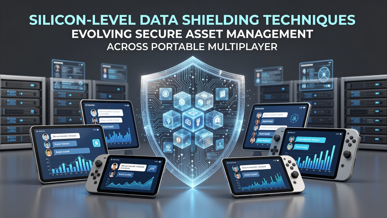 Portable gaming device motherboard highlighting silicon data shielding components during multiplayer asset verification