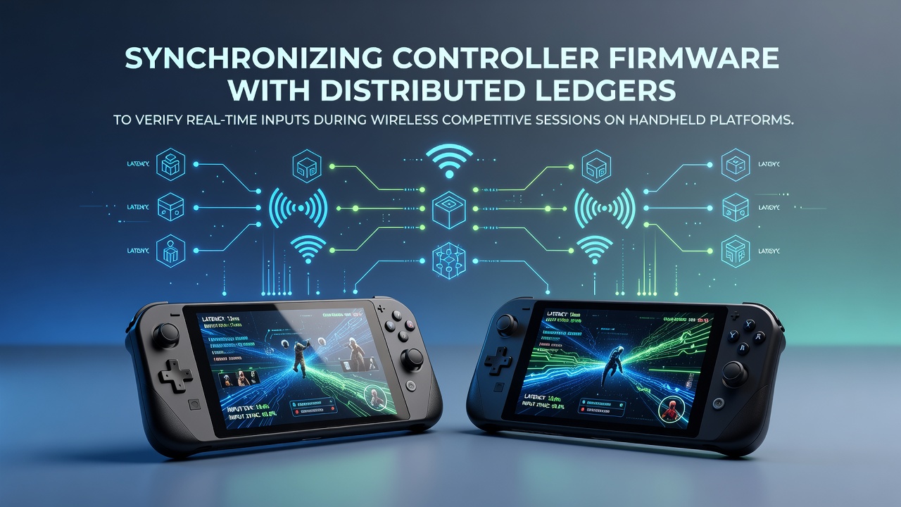 Handheld gaming device displaying firmware synchronization interface connected to distributed ledger network during wireless competitive session