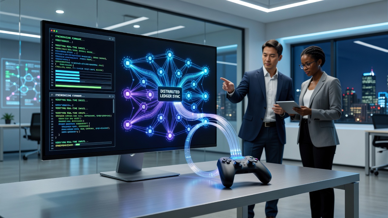 Close-up view of wireless handheld controller firmware connecting to distributed ledger nodes during competitive esports session