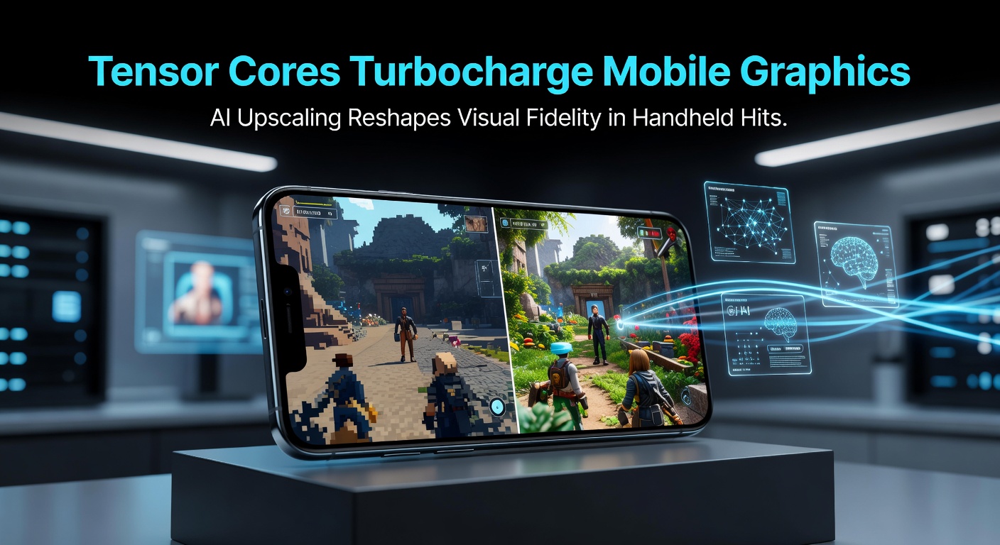 Close-up of a mobile gaming handheld device displaying high-fidelity graphics powered by Tensor Core AI upscaling, with vibrant colors and sharp details on screen