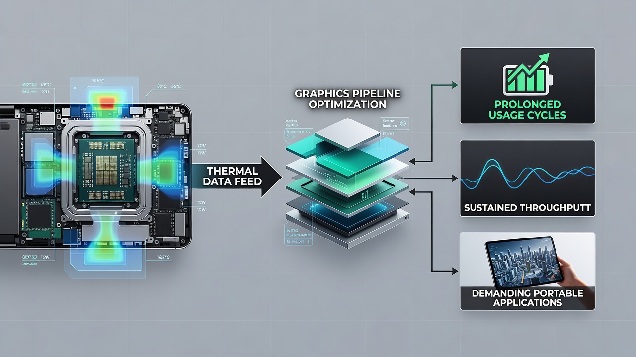 Cross-section diagram of portable console showing thermal regulation components linked to graphics hardware