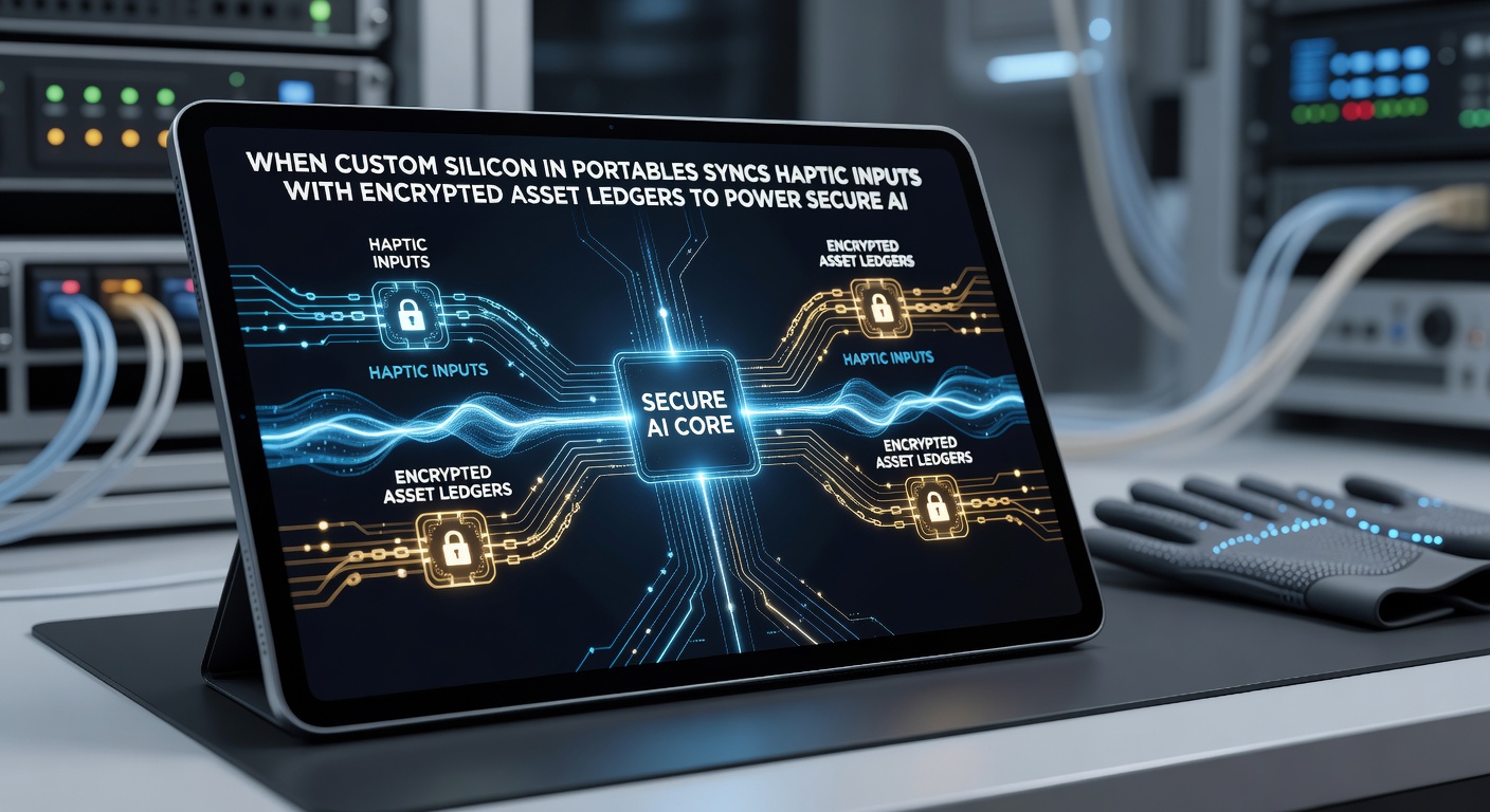 Portable esports setup showing real-time haptic and ledger synchronization feeding into cloud-based AI opponent systems